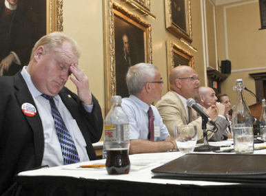 Mayoral candidates, from left, Rob Ford, Joe Pantalone, Rocco Rossi, George Smitherman and Sarah Thomson, debate the issues. TARA WALTON/TORONTO STAR